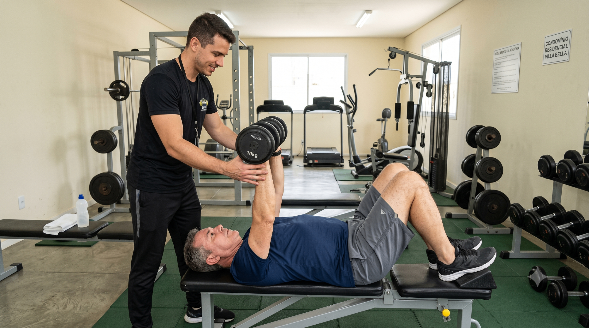 Personal trainer acompanhando aluno adulto durante exercício de força com halteres em academia