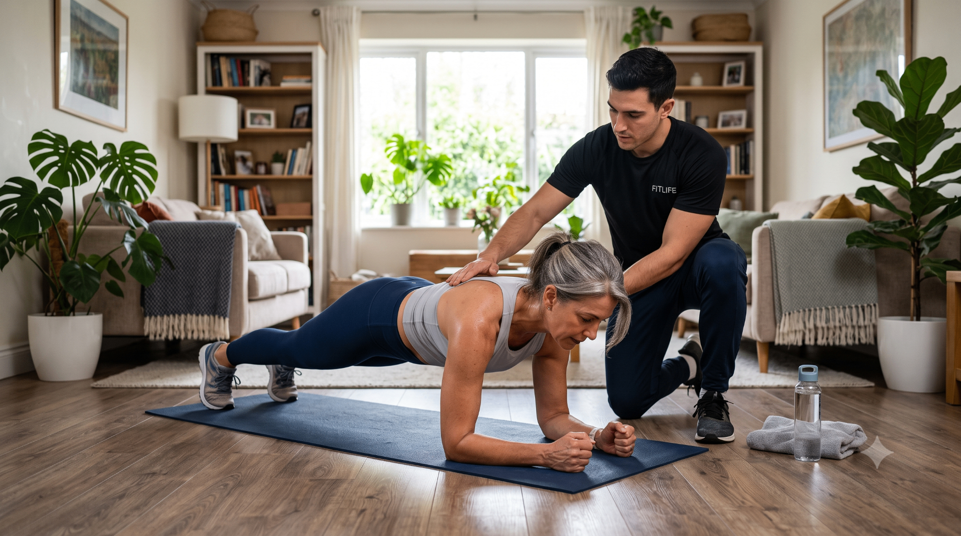 Mulher madura praticando Pilates Solo em casa com supervisão de personal trainer