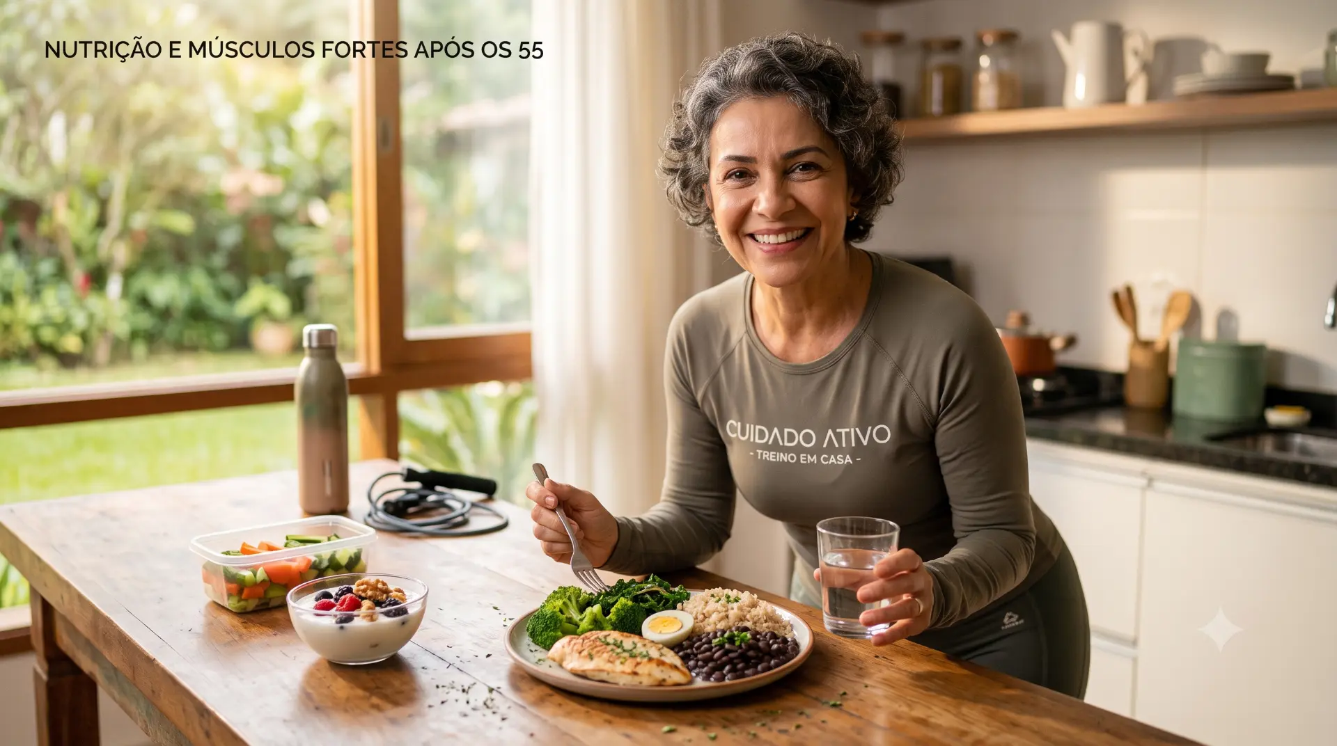 Mulher madura sorrindo enquanto segura uma refeição saudável em casa, representando nutrição e músculos fortes após os 50