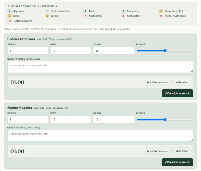 Treino planejado demonstrativo no Método Pleno App com dados fictícios