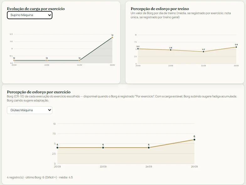 Dashboard demonstrativo do Método Pleno App com gráficos de carga e percepção de esforço de um aluno fictício