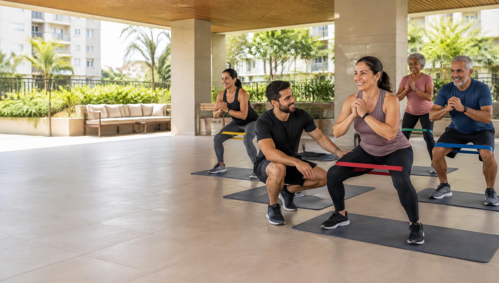 Pequeno grupo de adultos treinando com personal trainer na área de lazer de um condomínio