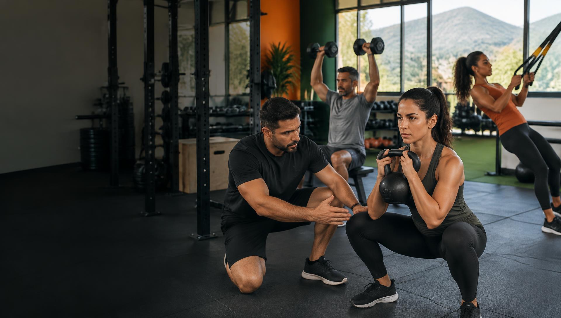 Adultos de 25 a 54 anos fazendo musculação com acompanhamento de personal trainer